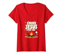 S'More Jesus Every Day - Inspiración Cristiana para fogatas Camiseta Cuello V, Mujer, Rojo, L
