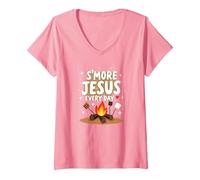 S'More Jesus Every Day - Inspiración Cristiana para fogatas Camiseta Cuello V, Mujer, Rosado, XXL