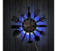 Smotly Reloj de Pared de Vinilo, Utensilios de Cocina Reloj de Pared de Registro Creativo con función de luz Nocturna LED de 7 Colores Reloj de Pared silencioso para decoración del hogar. (con luz)