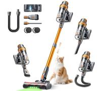SMOTURE Aspiradora sin Cable 55KPA/650W/70Min, Aspirador Escoba con Manguera de 1M, Cepillo Anti-Enredo con Luz, Modo Automático, Base de Carga de Pared, para Pelo de Mascota/Suelos/Alfombras/Coche