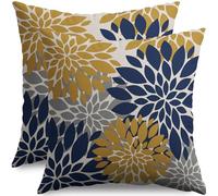 Smozenith Juego de 2 fundas de almohada de color azul marino y amarillo de 16 x 16 pulgadas, fundas de almohada decorativas con estampado floral de dalia moderna para exteriores, funda de cojín para
