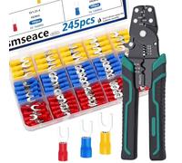 smseace 251 herramientas de crimpado con conectores de pala de horquilla #8 (M4) 22-10 AWG, conectores de horquilla de alambre tipo U, terminales de crimpado/pelado/corte, herramienta de crimpado de