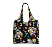 SMSJTMWHN Bolsa de mano reutilizable para cocina, bolsas de comestibles para concienciación sobre el autismo, piezas de rompecabezas, bolsa de lona con corazón, bolsa de hombro reutilizable para