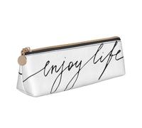 SMSJTMWHN Enjoy Life - Estuche triangular con estampado de texto negro escrito a mano, estuche de piel para bolígrafos, cosméticos, escritorio, papelería, organizador para oficina, mujeres y hombres