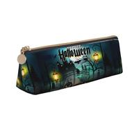 SMSJTMWHN Estuche triangular con estampado de búho, calabaza, feliz Halloween, estuche de cuero, para cosméticos, escritorio, papelería, organizador para oficina, mujeres y hombres