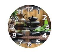 SMSJTMWHN Stones and Spa Oil On The Wood Near A Pond Clock Number Reloj de pared redondo, diseño silencioso sin tictac, respetuoso con el medio ambiente y personalizable para cocina, oficina, aula, 10