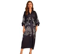 SMTSEC Bata con Estampado de Flores para Mujer Kimono de Satén Sedoso Camisón Largo de Talla Grande Batas Sueltas Y Cómodas Camisón Sexy para Estar en Casa,Azul,Marino Talla Única