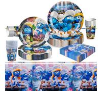 Smurfs - Juego de 51 vajilla de fiesta, diseño de pitufos, decoración de cumpleaños infantil, con plato de papel, taza, mantel, servilletas, pitufos, decoración de fiesta para 10 invitados