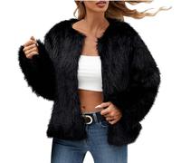 SMUXP Gabardina para Mujer, Abrigo Cálido de Pelo Sintético Liso, Chaqueta Corta Ligera, Negro, XXL