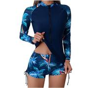 SMUXP Traje de baño de manga larga para mujer, chaleco de protección contra erupciones de 2 piezas, estampado floral, traje de baño con parche UV UPF 50+, pantalones cortos de natación para natación,
