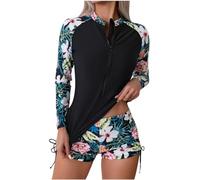 SMUXP Traje de baño de manga larga para mujer, chaleco de protección contra erupciones de 2 piezas, estampado floral, traje de baño con parche UV UPF 50+, pantalones cortos de natación para natación,
