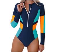 SMUXP Trajes de baño de manga larga para mujeres, adolescentes y niñas, con cremallera frontal, una pieza, para surf, modesto, cobertura completa, estampado floral, venta de liquidación, azul marino