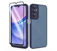 SMYTU Funda para Samsung Galaxy A15 4G / 5G 6,5 Pulgadas con Cristal Templado,Carcasa Translúcida Mate Trasera Cover - Azul