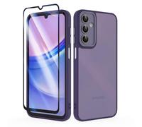 SMYTU Funda para Samsung Galaxy A15 4G / 5G 6,5 Pulgadas con Cristal Templado,Carcasa Translúcida Mate Trasera Cover - Morado Oscuro