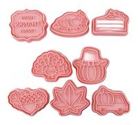 SMZhomeone Juego de 8 cortadores de galletas de Acción de Gracias, moldes de plástico PP con formas de calabaza de pavo para hornear en vacaciones, herramientas de cocina rosas para la familia