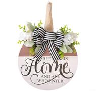 SMZhomeone Letrero de bienvenida de madera para colgar, corona floral redonda de primavera con lazo de flores sintéticas y detalles de mariposa, decoración rústica de entrada, 30 x 30 x 3 cm (hogar)