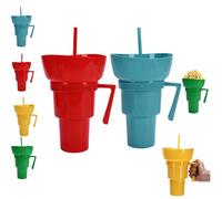 Snack and Drink Cup Combo, 2-In-1 Snack Cup & Bowl And Drink Tumbler With Straw, Tumbler Travel Snack & Multiple Functions, Perfect for Stadium, Travel, Movie Nights (Red+Blue)