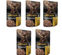 Snack para Gatos Pack 5 Unidades de 70g (350g) - Leonardo Pulled Beef. Alimento complementario para Gatos Adultos. con Aceite de Salmon (350 gr, Pollo)