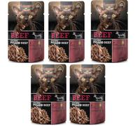 Snack para Gatos Pack 5 Unidades de 70g (350g) - Leonardo Pulled Beef. Alimento complementario para Gatos Adultos. con Aceite de Salmon (350 gr, Ternera)