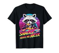 Snacks Make Me Nicer Funny 80s 90s Raccoon Retro Meme Animal Camiseta