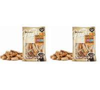 Snacks para Perros - Flamingo Hapki Tiras con Pollo, Pato y salmón - 85 g - sin azúcares añadidos (Paquete de 2)