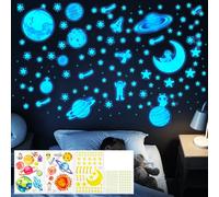 SNAIL GARDEN 192 calcomanías que brillan en la oscuridad, estrellas y planetas que brillan en la oscuridad, calcomanías coloridas y azules que brillan en la noche, calcomanías de pared luminosas para