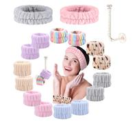 SNAILGARDEN - Juego de 14 piezas de forro polar coral para lavado facial, muñequeras y diadema para mujer, spa, toallas para lavarse la cara, incluye estante de almacenamiento, varios colores,