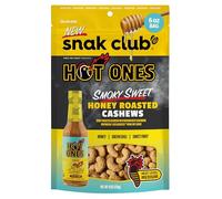 Snak Club Hot Ones - Anacardos tostados con miel ahumados, dulces y picantes, inspirados en bocadillos veganos calientes, bolsa resellable de 6 onzas