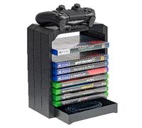 snakebyte PS4 GAMES TOWER 4 - negro -Solución de almacenamiento para 10 juegos/Blu-Rays, bandeja para mandos, compartimento extra para accesorios, comp. con PlayStation 5, PS4, Xbox Series X, Xbox One