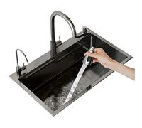 SnamicE Fregadero Cuadrado de Acero Inoxidable Negro Gris con Grifo extraíble y arandela para Vasos. Instalación empotrada o bajo encimera. Negro - 72 x 45 cm.,Black-72x45cm