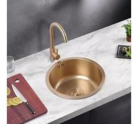 SnamicE Fregadero de cocina de un solo tazón dorado redondo con grifo, fregadero de barra de cocina, fregadero de encimera de acero inoxidable con accesorios, dorado, 32 cm