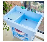 SnamicE Fregadero de plástico con Tabla de Lavar - Fregadero Independiente para Cocina, Autocaravana, Garaje y jardín - Lavamanos portátil para Uso en Interiores y exte,Blue-Hot and Cold