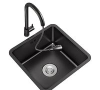 SnamicE Fregadero Individual Cuadrado Negro para Isla de Cocina, de Acero Inoxidable, para bajo encimera, pequeño, para Verduras, con Grifo extraíble, 35x35cm,35x35cm