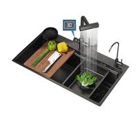 SnamicE Fregadero individual para decoración de cocina de apartamento y villa con grifo de pantalla digital, multifuncional, para lavavajillas, piscina, acero inoxidable, acero negro, 60 x 45 cm,