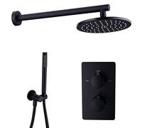 SnamicE Sistema de Ducha Negro, Grifo termostático de latón, Conjunto de Ducha multifunción de Doble manija para Montaje en Pared con Cabezal de Ducha de Lluvia Redondo, Ducha de m,12 Inch