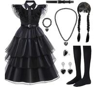 Snarflun Disfraz Halloween para Niña, 8 Piezas Vestido con Peluca y Accesorios de Joyería, Miércoles Niña, Vestido Negro para Cumpleaños Cosplay Carnaval, 130cm,140cm (140)