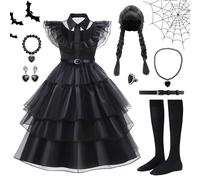 Snarflun Disfraz Halloween para Niña,8pzs.Halloween Vestido con Peluca y Accesorios de Joyería,Disfraz Miercoles Niña,Vestido Negro de niña para Cumpleaños Cosplay Halloween Carnaval,130cm
