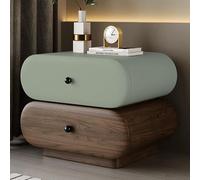 Snaweo Mesita de Noche de Madera Maciza, Mesita de Noche con Superficie de Cuero, Mesitas de Noches con Doble Cajón, Mesitas de Noches de Estilo Minimalista(Tallow Green+Brown,40cm/15.75in)