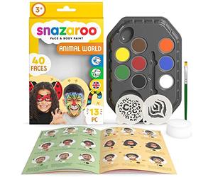 Snazaroo - Kit de Pintura Facial Mundo Animal para Niños y Adultos, 8 Colores, 2 Plantillas, 1 Pincel, 1 Esponja, 1 Guía Paso a Paso, Base de Agua, Maquillaje Pintacaras