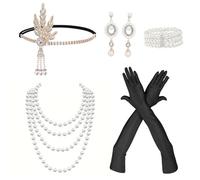SNBUHA 5 pcs Accesorios Años 20 Mujer, 1920s Charleston Great Gatsby Flapper Set Juego de Accesorios, con Perlas pendiente collar guante Pulsera diadema, para Halloween Carnaval Fiesta Navidad