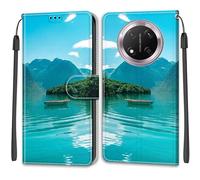 SNCLET Cuero Funda para Honor X60 Pro Funda Silicona TPU Flip Phone Case Piel PU Patrón de Colores Folio Ranura para Tarjeta Cierre Magnético Cover para Honor X60 Pro,Boat In Lake
