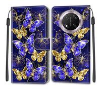SNCLET Cuero Funda para Honor X9c Funda de Piel Cuero PU Carcasa Patrón de Colores Flip Folio Ranura para Tarjeta Cierre Magnético Cover para Honor X9c,Golden-Blue Wings