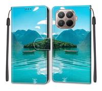 SNCLET Cuero Funda para Xiaomi 15T Pro 5G Funda Silicona TPU Flip Phone Case Piel PU Patrón de Colores Folio Ranura para Tarjeta Cierre Magnético Cover para Xiaomi 15T Pro 5G,Boat In Lake