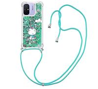 SNCLET Funda con Cuerda para Redmi 12C Case para Anti-Caída con Cordón Bling Quicksand Móvil Funda Silicona TPU Funda Ajustable Cordón Carcasa para Redmi 12C,Unicornio Verde
