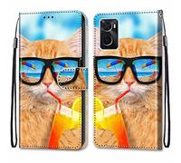 SNCLET Funda para OPPO A96 4G Funda de Cuero PU Cover OPPO K10 4G Cases Piel PU Patrón de Colores Protector OPPO A96 4G Folio Funda Tarjetas y Billetera Magnético Funda para OPPO K10 4G,Gato Sol