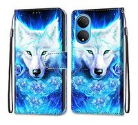 SNCLET Fundas para Honor X7 Carcasa Piel PU Premium Patrón de Colores Diseño Protector Folio Plegable Tarjetas y Billetera Magnético Funda para Honor X7,Lobo Flor Azul