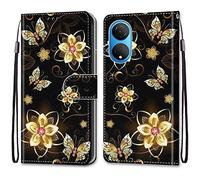 SNCLET Fundas para Honor X7 Phone Case Shockproof Piel PU Premium Patrón de Colores Diseño Protector Folio Plegable Tarjetas y Billetera Magnético Funda para Honor X7,Flor Dorada