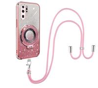 SNCLET Pegatinas Brillantes Funda con Cuerda para Huawei P30 Pro Funda de TPU Suave con Soporte Plegable Creativo Ajustable Collar de Cuello Cordón Ultra Thin Carcasa para Huawei P30 Pro,Rosa