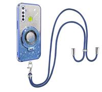 SNCLET Pegatinas Brillantes Funda con Cuerda para Realme C3 Funda de Gel TPU Suave con Soporte Plegable Creativo Ajustable Collar de Cuello Cordón Antigolpes Carcasa para Realme C3,Azul