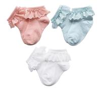 Snegyu Calcetines con volantes para niñas pequeñas, calcetines de princesa para bebés y niñas, calcetines de encaje con volantes en el tobillo para 0-5 años, blanco, azul y rosa, 1-3 Years